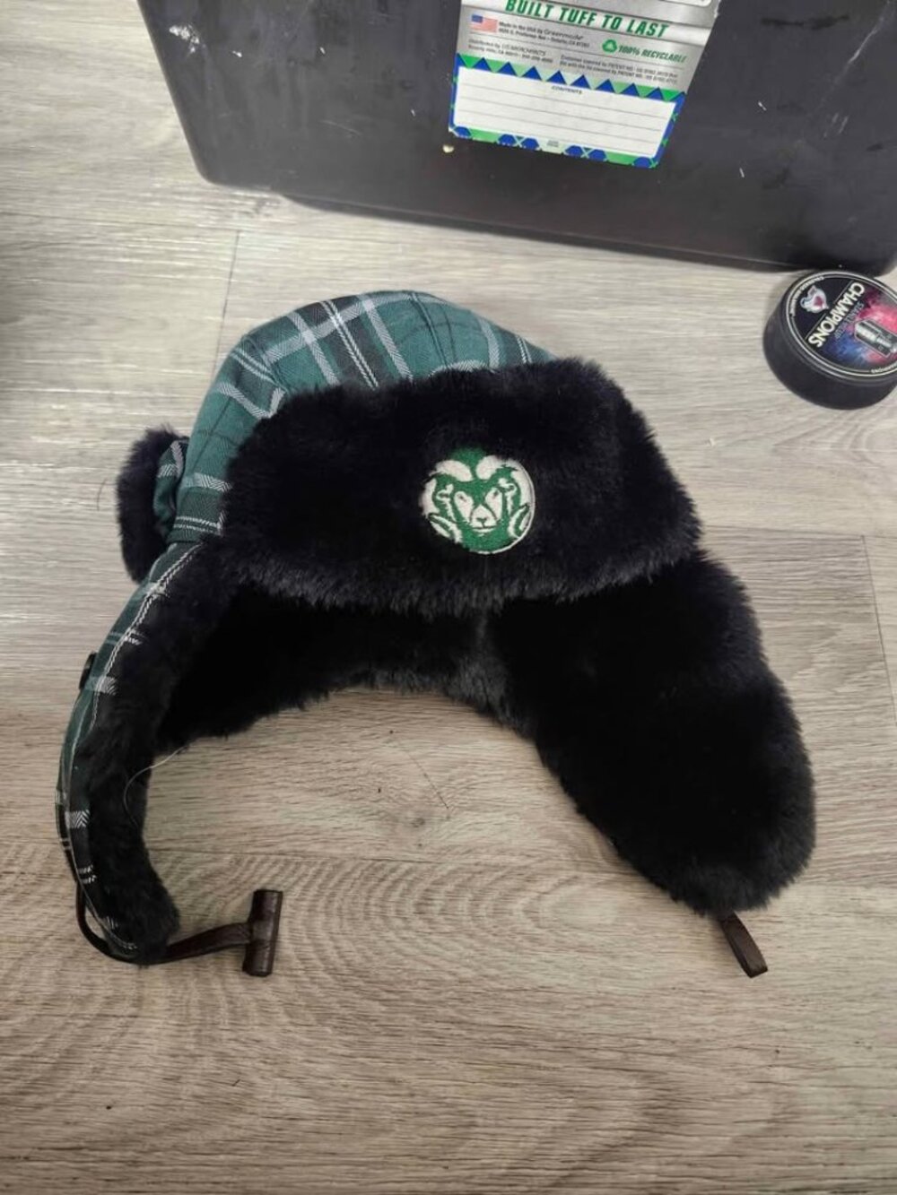 NCAA Colorado State University Trapper Hat Green Plaid Faux Fur EUC